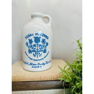 Vintage Henry McKenna Kentucky Whiskey Stoneware Jug Cobalt Blue Floral Decanter